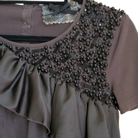 Twelve by Twelve Los Angeles Dark Brown Short Sleeve Ruffle & Beaded Top - Picture 2 of 7